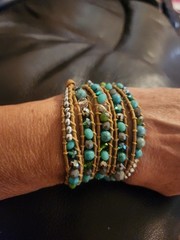 Handmade Turquoise Glass & Silver Seeds Beads Tan Leather Wrap Bracelet. NEW