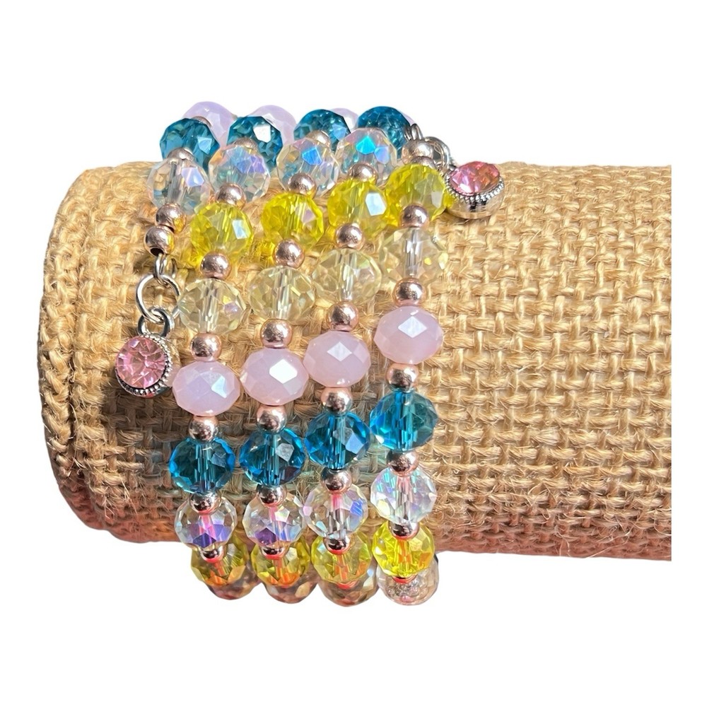Colorful Wire Wrap Bracelet Faceted Glass Crystal Handmade Four Wraps New