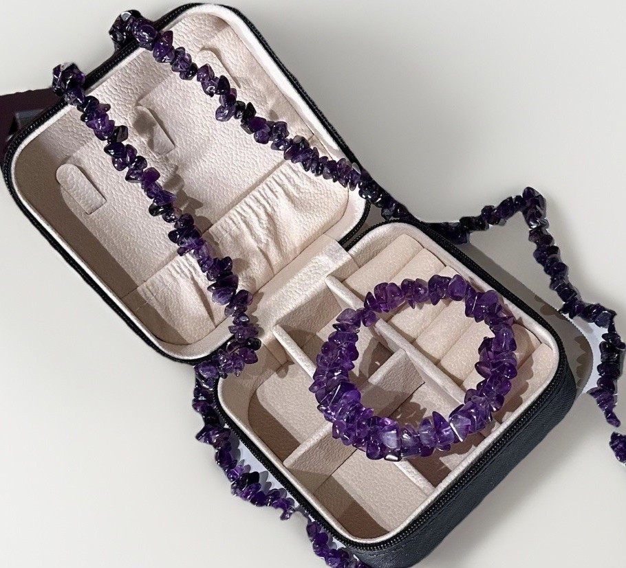 Lot of 2 Natural Amethyst Stone Chip Long Necklace & Wire Wrap Bracelet In Box!