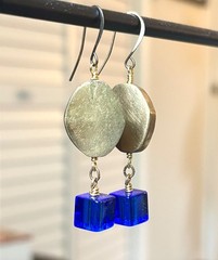 Handmade Modernist Brass & Blue Glass Earrings Brass Wire – Repurposed vintage