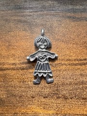 Marcie Pewter Pendant Charm Jewelry Doll Flat Girl Heart 1 7/8” Ornament VTG
