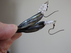 long MOTHER OF PEARL ABALONE pierced earrings w/faux pearls dangle