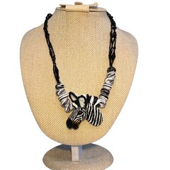 Handcrafted Glass Zebra Necklace Black & White Beads Signed 2002 Adjustable