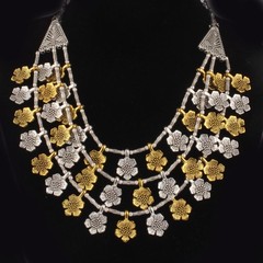 Indian Tribal Two Tone Silver Gold Flower Multi Strand Bib Necklace Statement