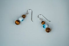 New Sterling Silver Tigers Eye Blue Glass Eye Bead Dangle Earrings 3.5cm