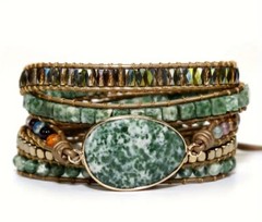 Boho Green Spotted Jasper Stone 5-Layer Beaded Adjustable Rope Wrap Bracelet