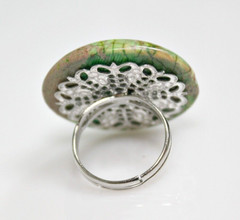 Sea Sediment Jasper Stone Mushroom Cocktail Ring Green Adjustable Silverplated