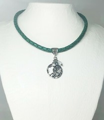 Emerald Green 6mm Bolo Chord w Silver Pewter Chinese Dragon, Rainbow Moonstone