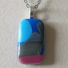 Hand Crafted Fused Glass Pendant Necklace W/ Chain #2023 blue gray pink