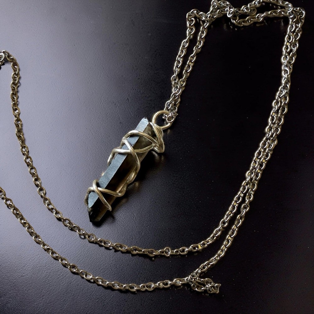 Smoky Quartz Crystal Point Pendant Handcrafted Silver tone Wire Wrap- 1.25”