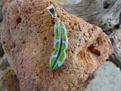 Green Gaspeite & White Opal Sterling Silver 925 Feather Southwestern Pendant U18