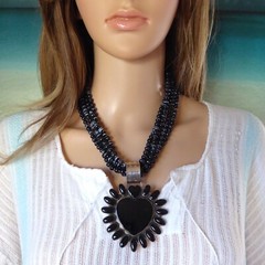 Extra Large Oversized Dan Dodson Onyx Heart Pendant on Multi Strand Necklace