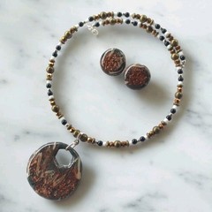 Handcrafted Bronze Copper Gold Beaded Polymer Clay Memory Wire Round Choker Set