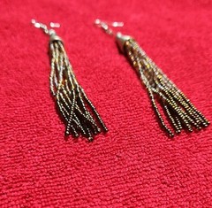 Beaded Tassel Dangle Earrings Brown Gold Black Metal French Wire Women