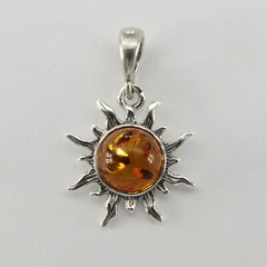 Cognac / Brown Natural BALTIC AMBER Sun Pendant – 925 STERLING SILVER #2412e