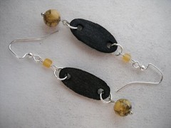 Black Wood Earrings Buff Brown Gold Beaded Hand Crafted OOAK Unique Dangle New