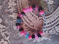 2 Handmade Beaded Stretch Bracelets Pink/Black & Blue/Black Letter Beads