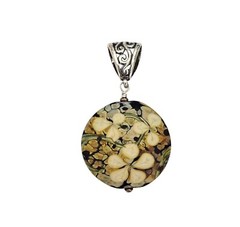 Green Black Round Floral Matte Art Glass Sterling Chunky Bale Pendant L830