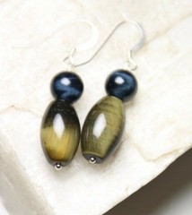 Tiger’s Eye Brown and Blue Barrel Shape Gemstone 925 Sterling Silver Earrings