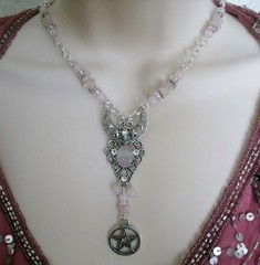 Rose Quartz Crescent Moon Wiccan Pagan Wicca Witch Goddess Pentacle Necklace