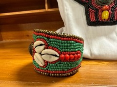 Vintage Tibetan Beaded Necklace with Cowry Shells & Matching Cuff Bracelets