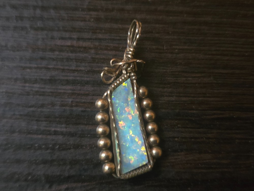 Artisan Gold Tone Wire Wrapped Blue Opal Look Pendant Southwestern Style