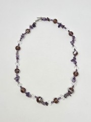 Purple Venetian Murano Glass, Clear Crystal, Amethyst Chip Beaded Necklace 20″