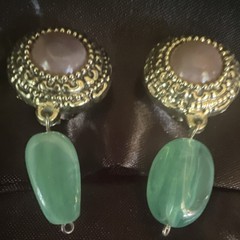 Handcrafted Gold Tone Dangle Clip-On Earrings Green Glass Round Oval Women