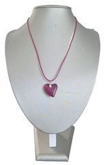 Puffy Glass Heart on Red Leather Cord Pendant Necklace Sterling Silver Clasp 18″
