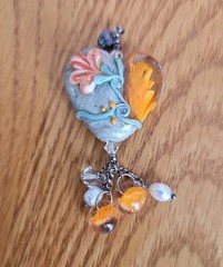 Lampwork Glass Pendant Heart Shape Flower Sterling Silver Hand Made OOAK
