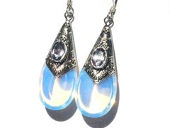 Sterling Silver Simulated MoonStone and Smaller Stone Tear Drop Earrings