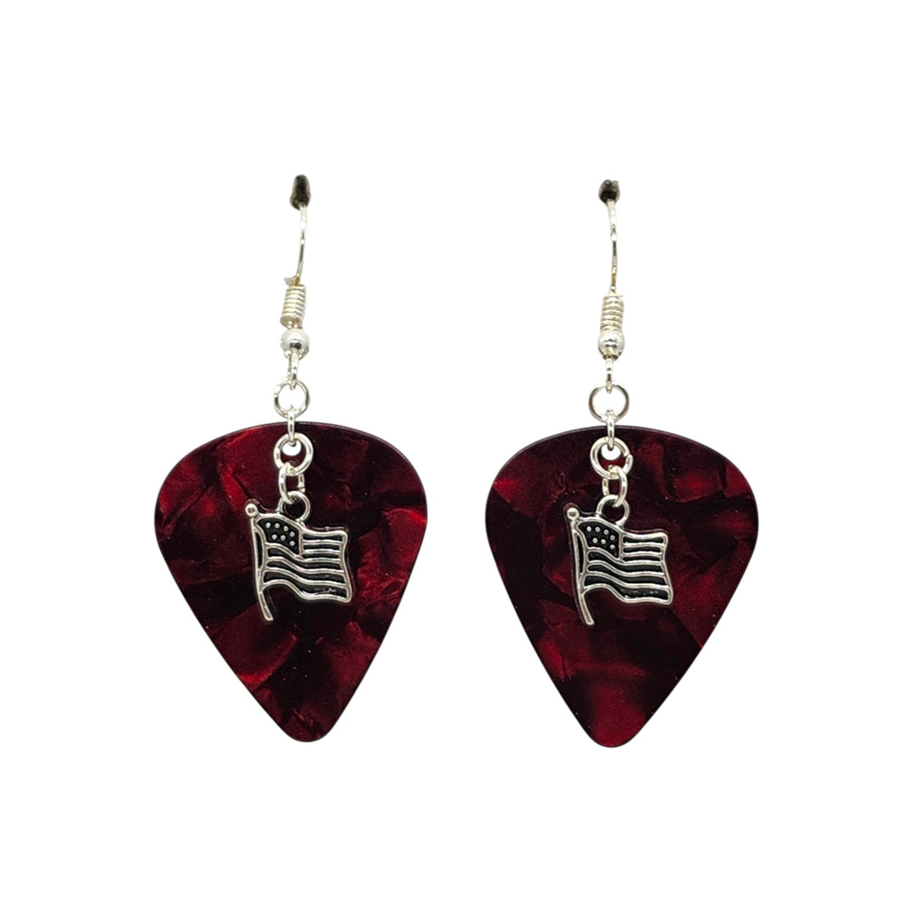 Sm USA American Flag Charm Guitar Pick Earrings – Choose Color – Handmade in USA