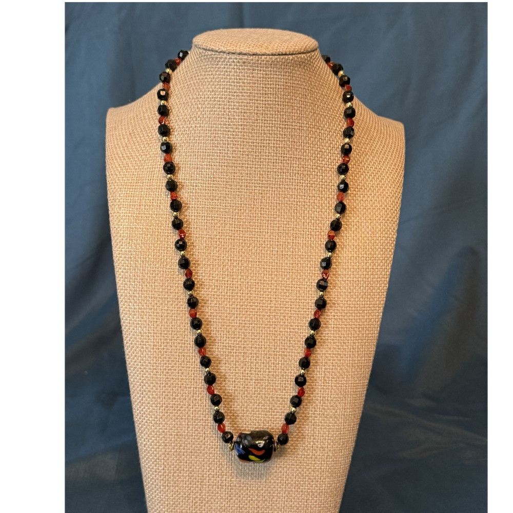 Handcrafted Glass Metal Acrylic Beaded Necklace Rectangular Pendant Multicolor