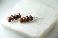 Goldstone 8mm Roundel Gemstone Earrings .925 Sterling Silver Orange Black 1 3/8″