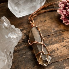 Smoky Quartz Point Pendant Copper Wire Wrapped Natural Crystal Boho Necklace