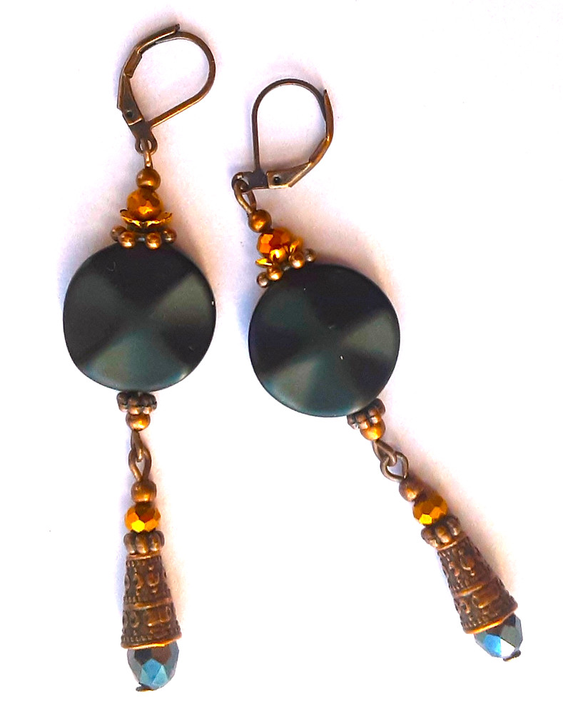 BLACK COIN & COPPER crystal LONG dangle earring LEVERBACK handmade #N25