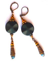 BLACK COIN & COPPER crystal LONG dangle earring LEVERBACK handmade #N25