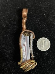 Fordite Pendant Pontiac Copper Wire Wrap Red White & Blue + Yellow Chevrolite
