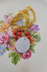 Broken China Orange Flower Beaded Pendant Necklace