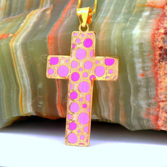 14K Solid Gold Pink Blue Cross Pendant Necklace Enamel Hand-Painted – Gift