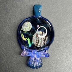 Handmade Art Glass Stealie Skull Pendant Planets, Outer Space, Opals, Heady Gift