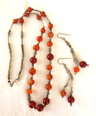 Vntg Artisan 22″ Carnelian Necklace 3″ Earrings Set Silver-Plated Spacers/Beads