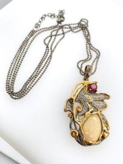 Artisan Freeform Ethiopian Opal Sterling Silver Pendant Necklace 18″ Ball Chain