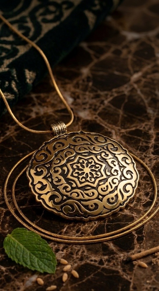 Handmade Copper Geometric Mandala Medallion Pendant Necklace 60cm Chain Gold