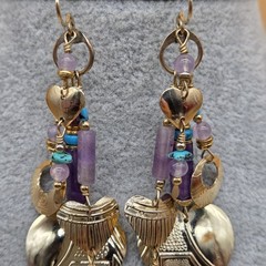 Vintage TABRA Signed Amethyst Turquoise Gemstone Hearts Circle Dangle Earrings