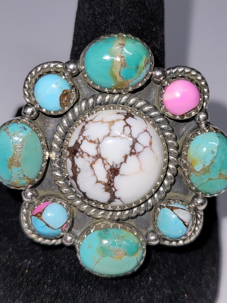 Cotton Candy Kingman Turquoise & Wild Horse – Adjustable cluster ring – SS 925