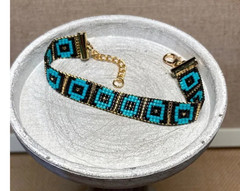 Art Deco Style Blue Black and Gold Handcrafted Loom Beaded Bracelet