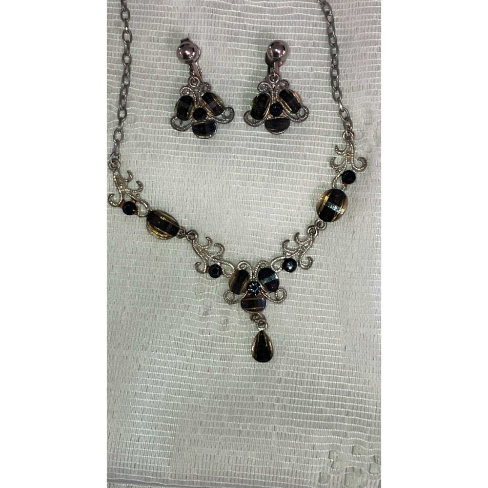 Vintage Silver Tone Necklace with Brown & Gold Tone Beads and Earrings