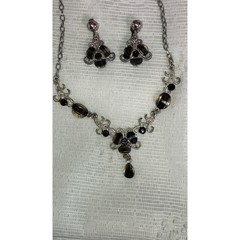 Vintage Silver Tone Necklace with Brown & Gold Tone Beads and Earrings