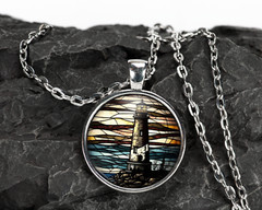 Lighthouse Nautical Beacon Stained Glass Art Silver Pendant Necklace 2 Sizes